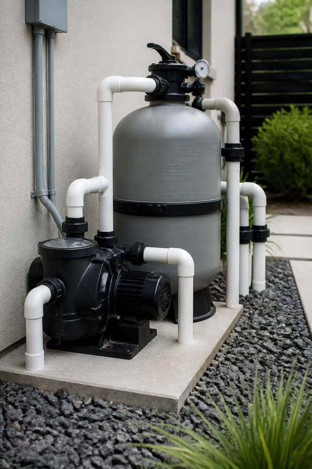 A clean pool equipment installation with modern pump and filter components.
