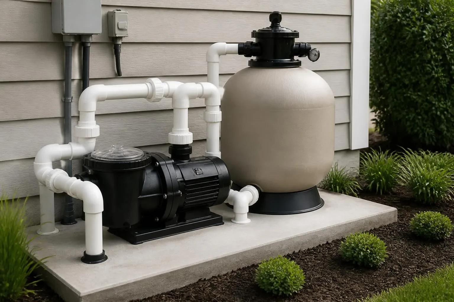 A clean pool equipment pad with a repaired pump and filter.