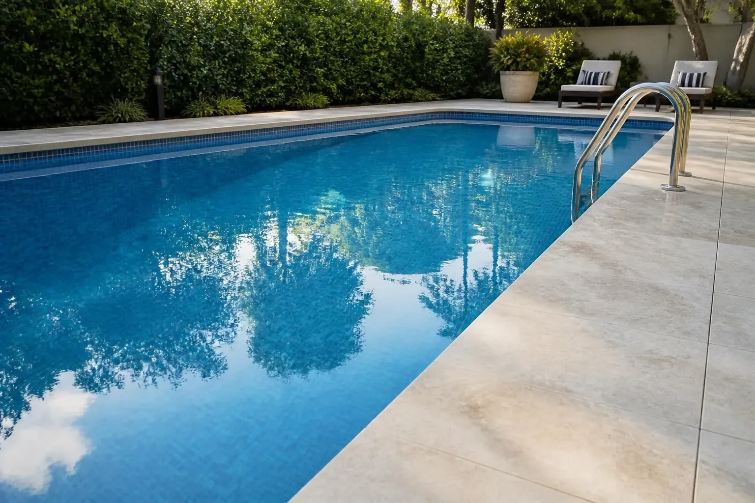 A sparkling clean pool with still blue water and a tidy deck.